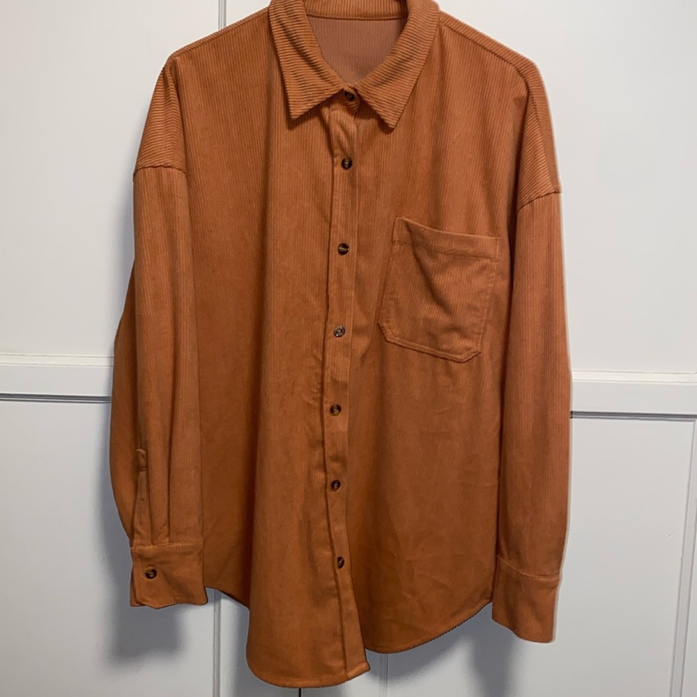 JURANMO Large Orange Corduroy Button Down Shacket Casual Shirt Chest Pocket - Picture 2 of 11